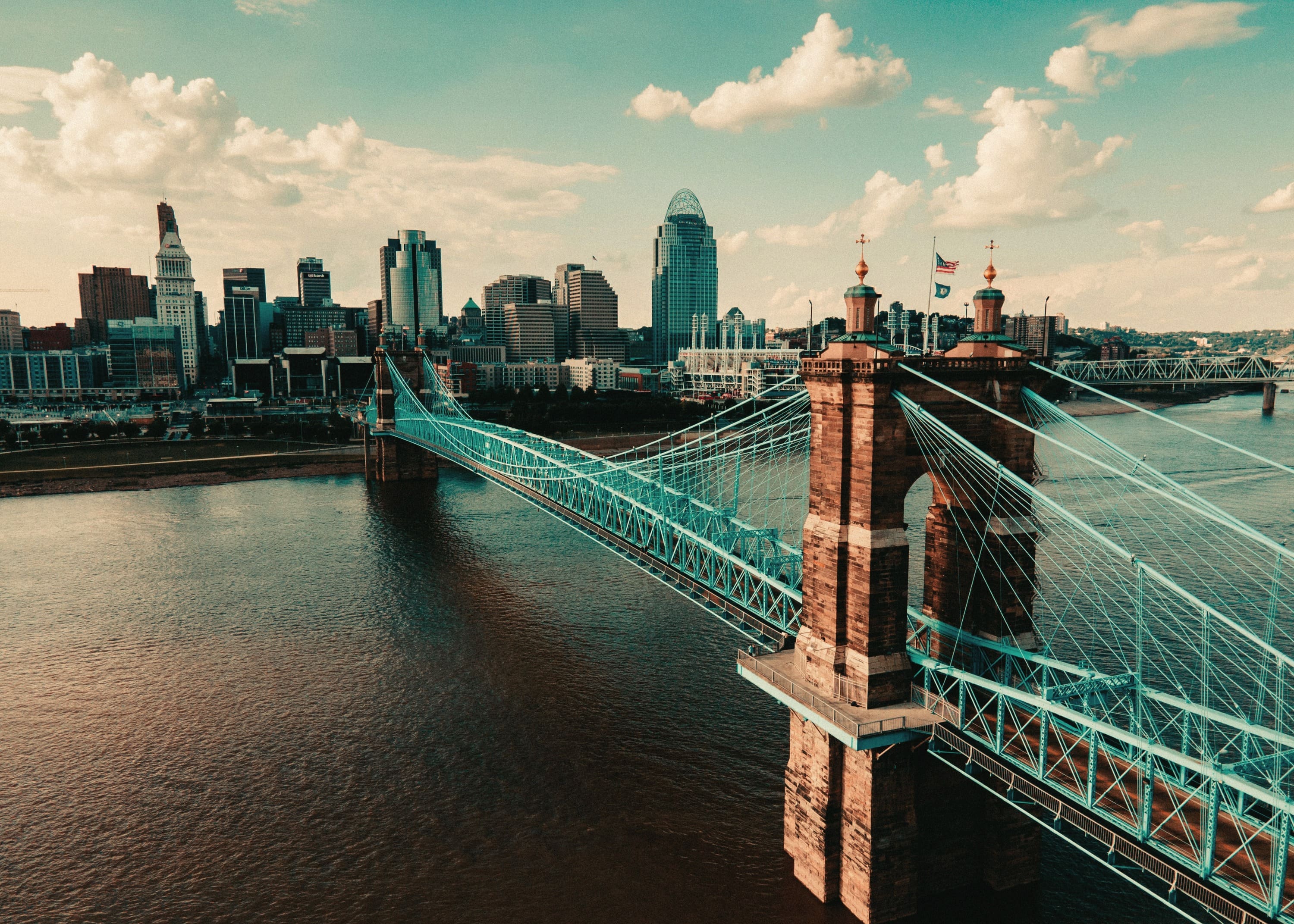 The Roebling Suspension Bridge over the Ohio River, with the Cincinnati skyline beyond.